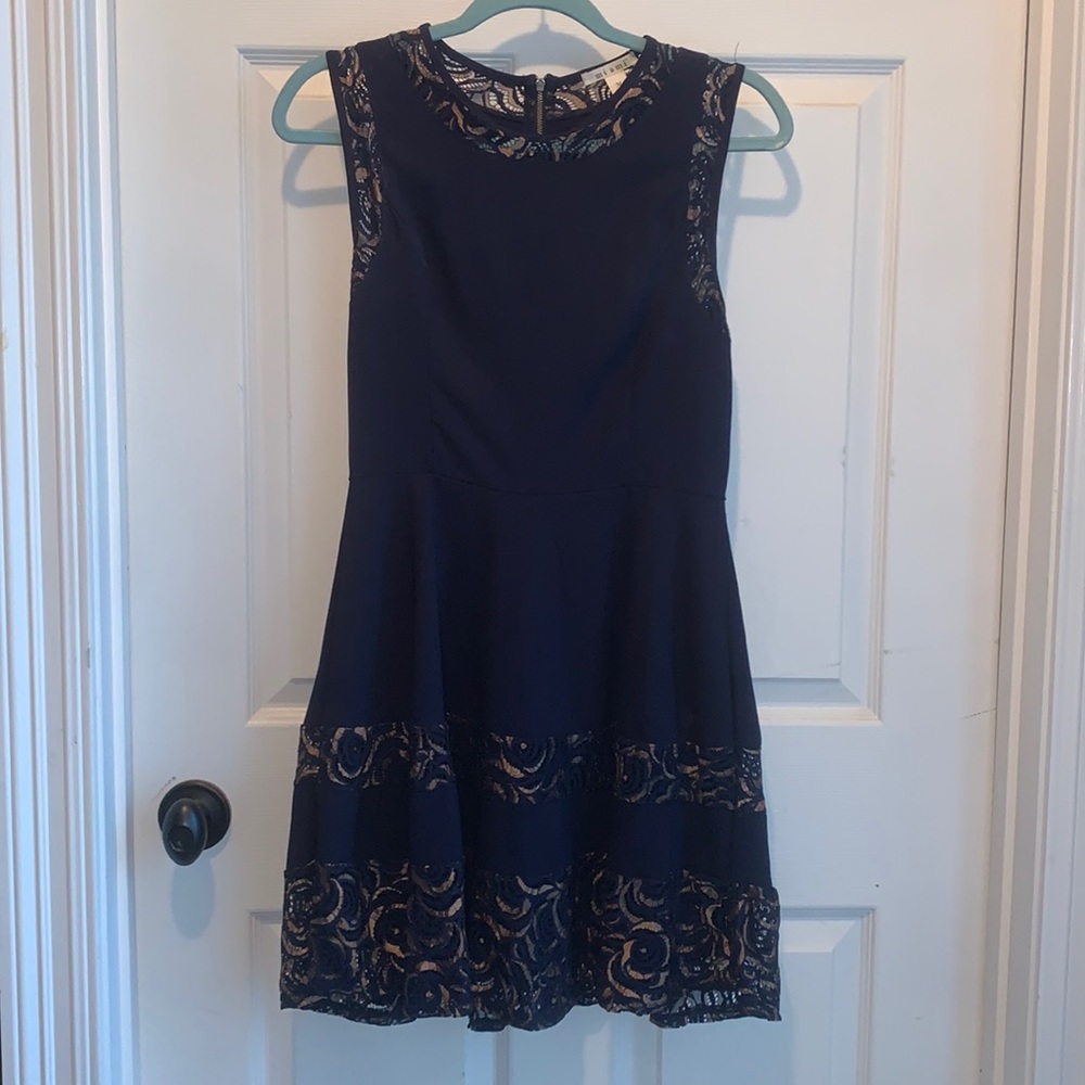 Miami- sleeveless mini dress with Navy and Gold Lace